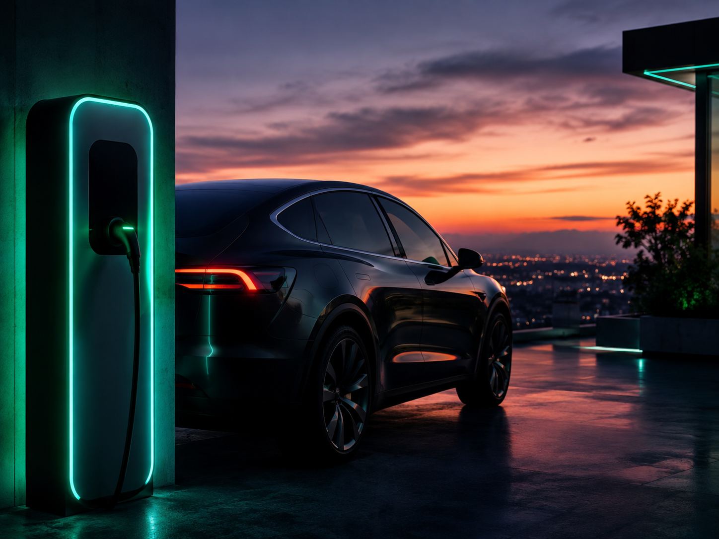 Elektroauto lädt an einer beleuchteten Ladesäule bei Sonnenuntergang